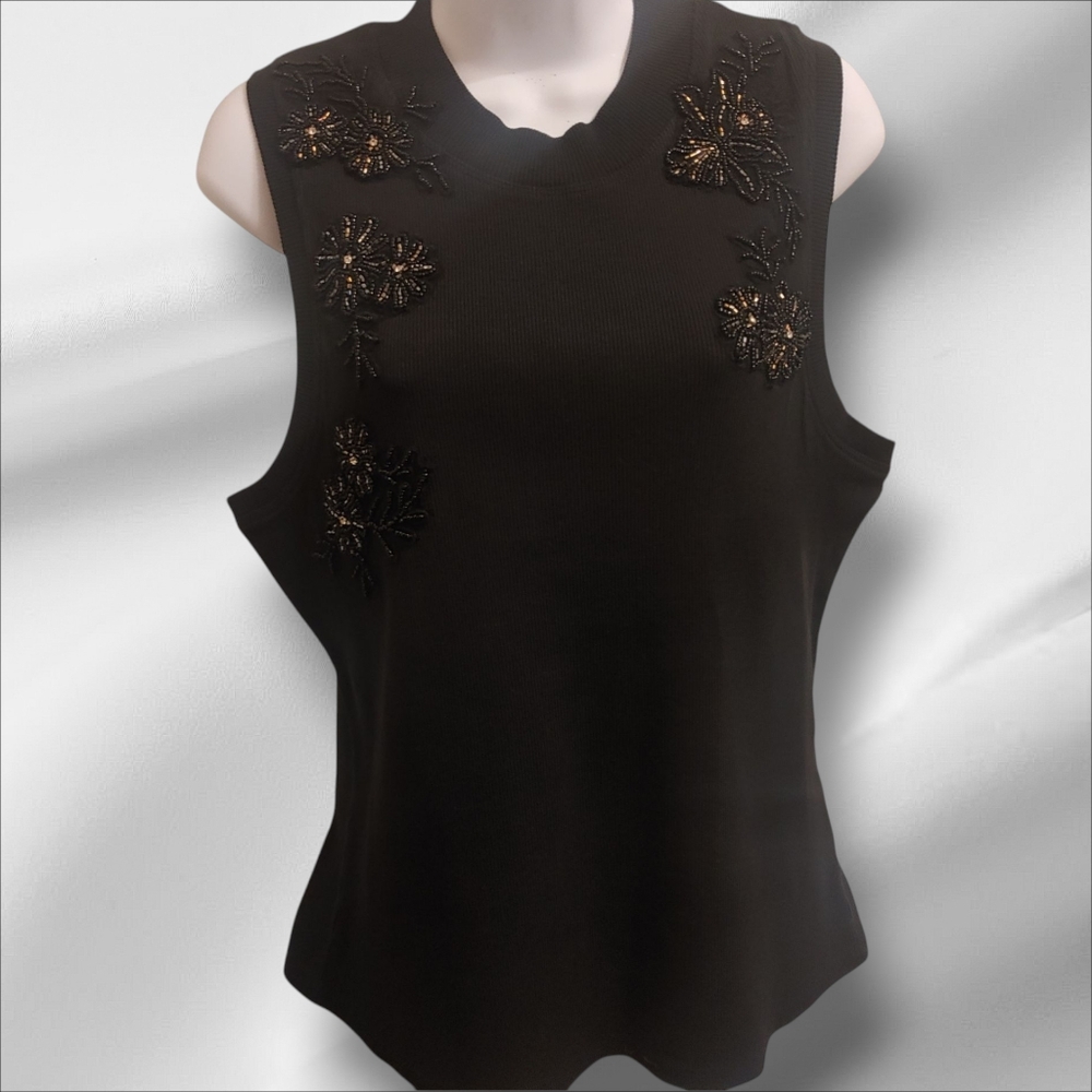 Anthropologie Black Sleeveless Blouse with Black And Purple Beading Large